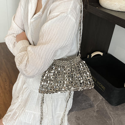 Trendy Beaded Woven Handbag with Chain Strap