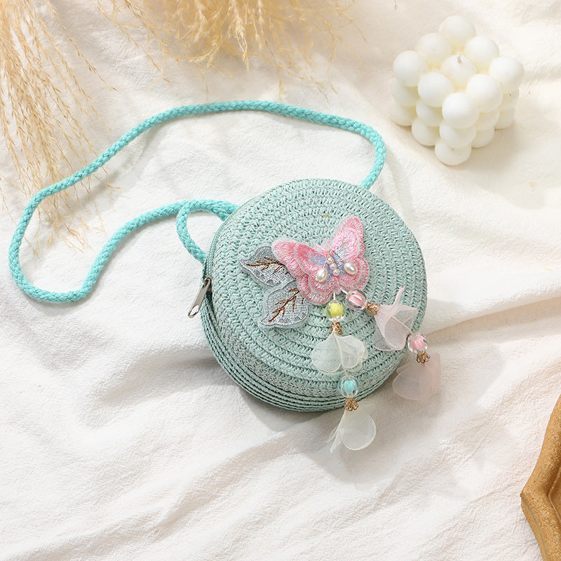 Woven Beach Bag with Butterfly Tassels for Girls