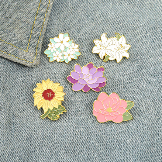 Creative Floral Enamel Brooch - Sunflower & Lily Design