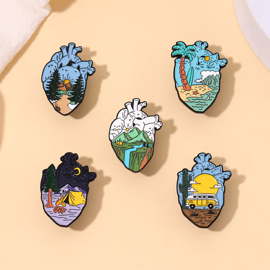 Heart-Shaped Metal Brooch Travel Scenery Enamel Pin for Clothing and Bags