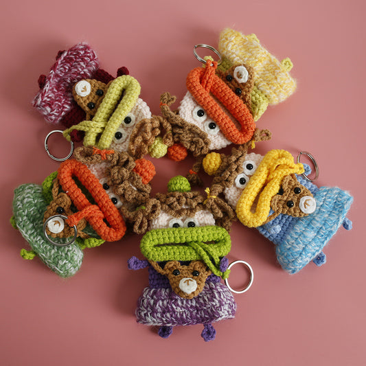 Handmade Woven Keychain Pouch with Cartoon Girl Design