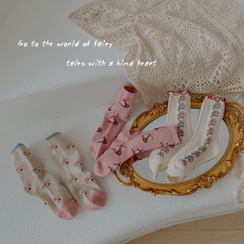 Girls Cotton Floral Ruffle Mid Calf Breathable Socks