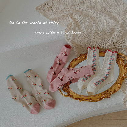Girls Cotton Floral Ruffle Mid Calf Breathable Socks