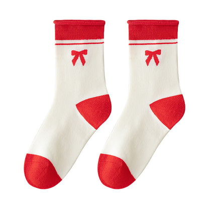 Red Floral Pattern Mid-Calf Cotton Socks for Kids