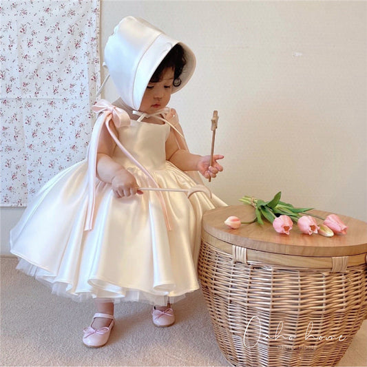 Girls' White Satin Princess Party Dress