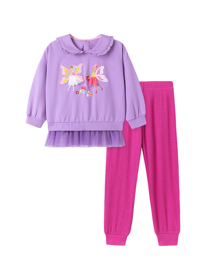 Cartoon Appliqué Girl's Outfit Cute Cotton Two-Piece Set