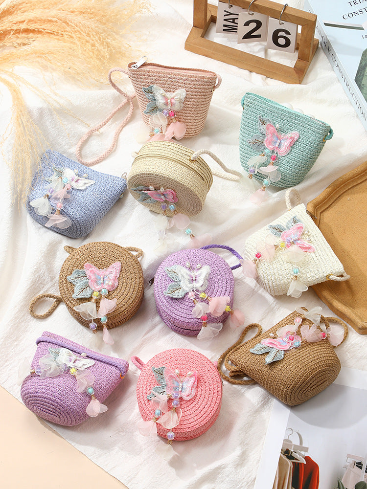 Woven Beach Bag with Butterfly Tassels for Girls