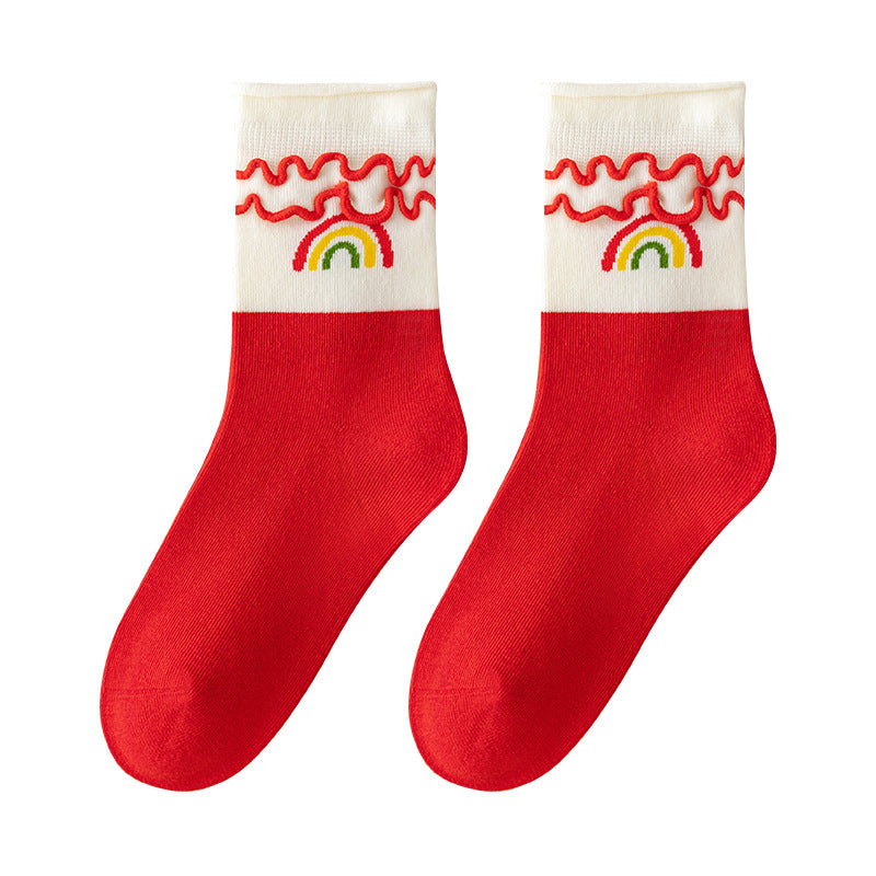 Red Floral Pattern Mid-Calf Cotton Socks for Kids