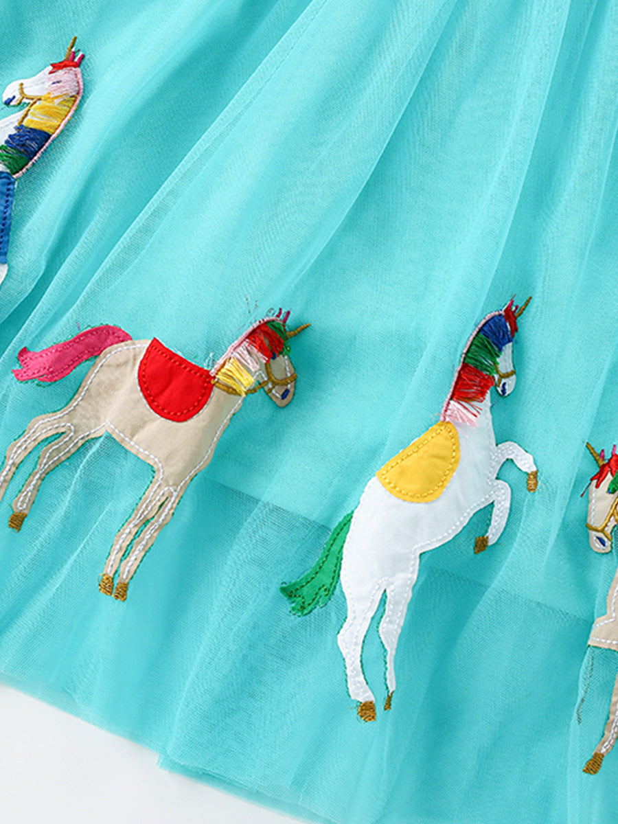 Unicorn Embroidered Tulle Dress for Girls