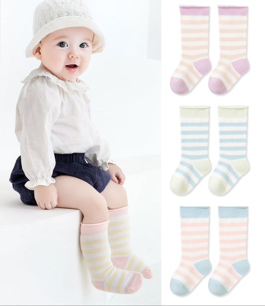 Color Block Striped Cotton Mid-Calf Socks for Kids