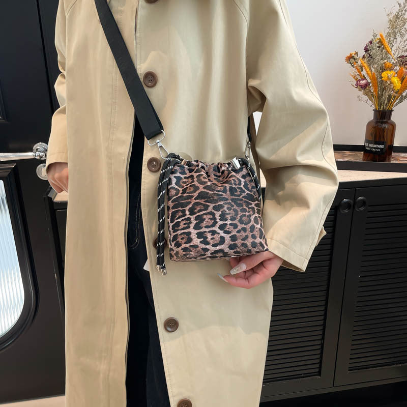 Trendy Drawstring Bucket Bag Leopard Print Mini Shoulder Bag