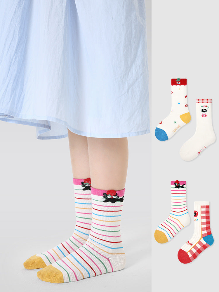 Kids Cotton Animal Stripe Mid Calf Socks Breathable