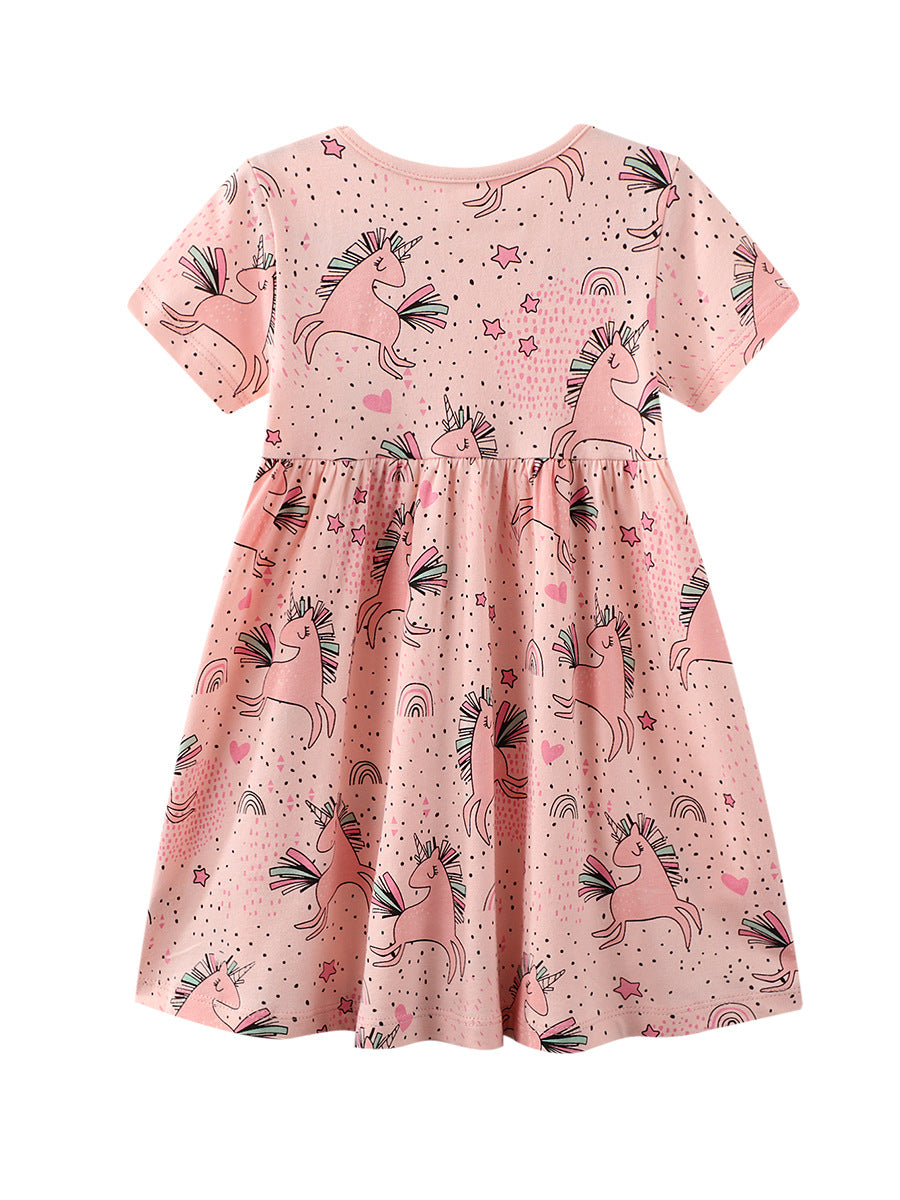 New Summer Short Sleeve Children Dress Cartoon Style Cotton