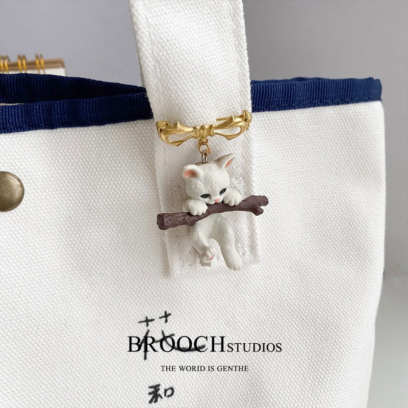Cute Cat Branch Brooch Creative 3D Enamel Pin for Bags and Apparel