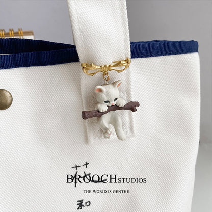 Cute Cat Branch Brooch Creative 3D Enamel Pin for Bags and Apparel